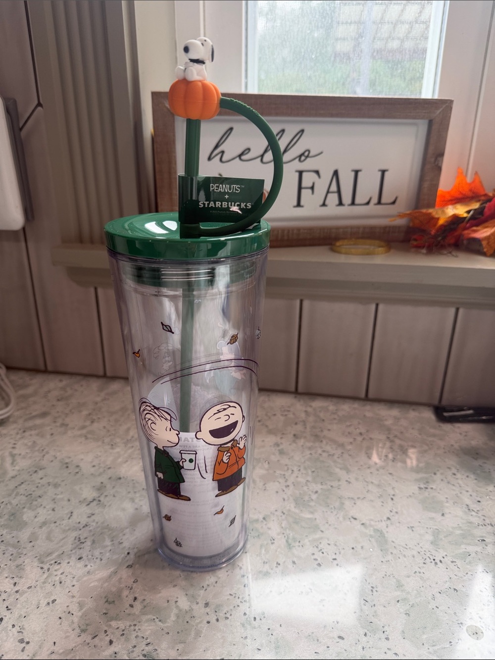 Starbucks Green Peanuts Fall Tumbler with Snoopy Pumpkin Topper